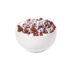 Bowl of corn flakes with milk.