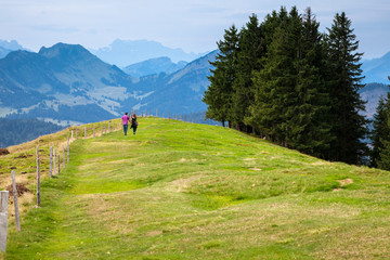 Fototapeta na wymiar Para, która passegia między szwajcarskich Alpach