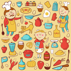 Kitchen vector set, cartoon colorful elements