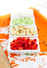 Chopped vegetables and croutons