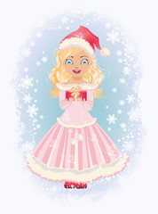 Little Santa girl with gift, vector illustration