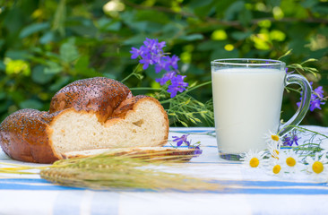 Cup of milk and buns with poppy seeds