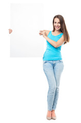 Attractive woman holding blank poster
