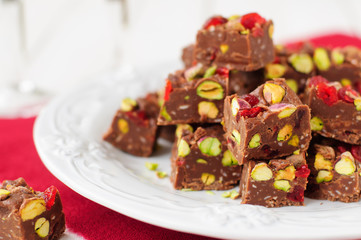 Chocolate Fudge with Glace Cherries, Pistachios and Coconut