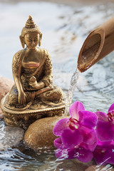 meditating Buddha with flower and water