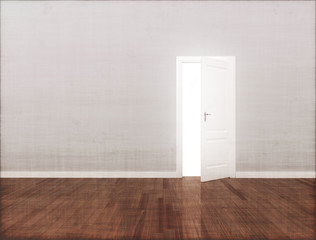 Open door copy space wall and wooden floor
