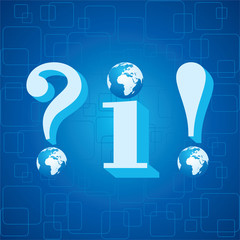 3d blue info,question mark and exclamatory mark icon with globe