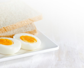 Boiled egg and toasts on white plate