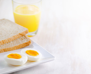 Boiled egg, toasts and orange juice.