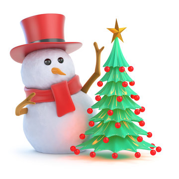 Snowman top hat decorates the Christmas tree