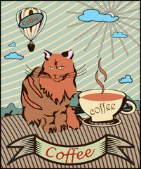 hot-cat drinking hot coffee, retro banner.