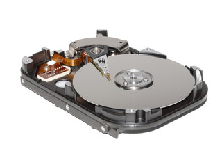 Opened hard disk drive isolated on white background