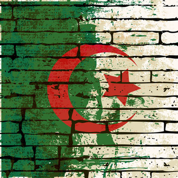 Grunged Algerian Flag over a brick wall  background  illustratio