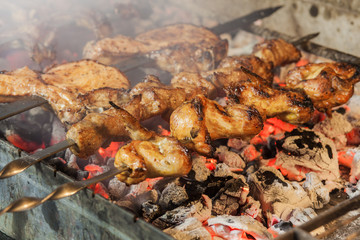 Appetizing steaks prepared on a grill wood coal, outdoor