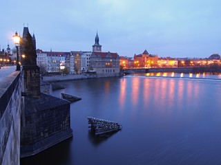 Obraz premium Night river, view to historical part of town, center of Europe