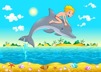 Fotobehang De jongen en de dolfijn in de zee. © ddraw