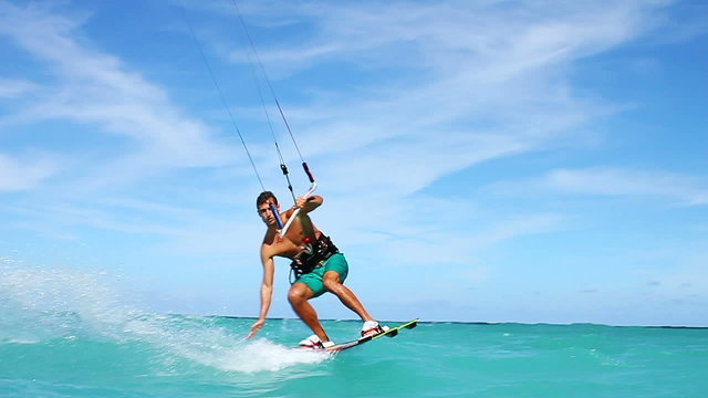 Man Kite Surfing, slow motion extreme summer sport hd.