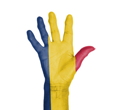 Palm of a woman hand, painted with flag