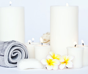 Three Plumeria flower with massage oil and balsam in bowl 