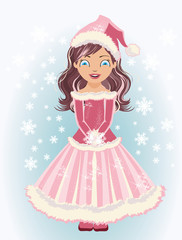 Cute Santa girl with snowflakes, vector illustration