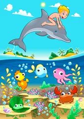 Fotobehang Boy and dolphin with fish unde the sea. © ddraw
