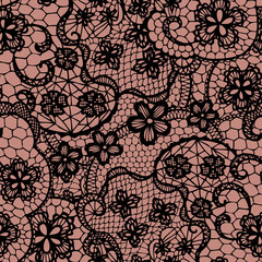 Lace black seamless pattern with flowers. Vector illustration.