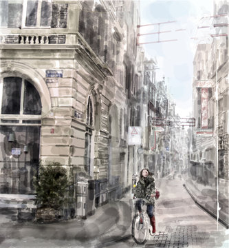 Fototapeta Ilustracja ulicy miasta. Dziewczyna, jazda na rowerze. woda