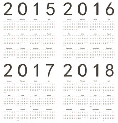 Set of square european 2015, 2016, 2017, 2018 year calendars.