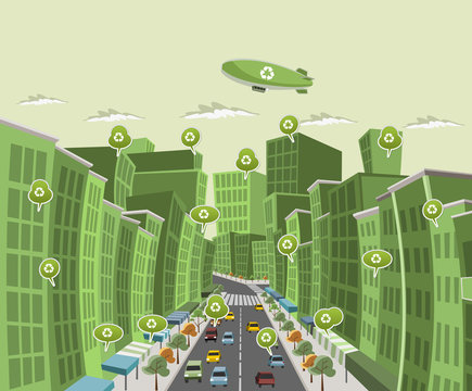 green city with speech balloon with recycle icon