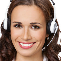 Support phone operator in headset, isolated