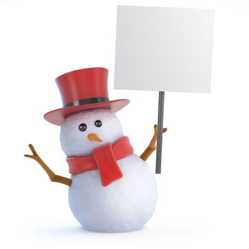 Snowman top hat holds up a placard
