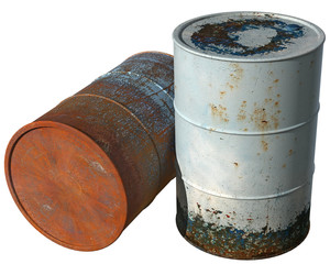 Two old, dirty with peeling paint barrel.