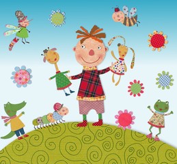 child playing with animals