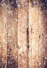 Vintage Christmas wooden board with white falling snow. Christma