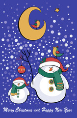 vector illustration cartoon of snowman and moon
