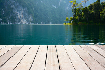 wood terrace on the lake,Cheow Lan lake, Khao Sok National