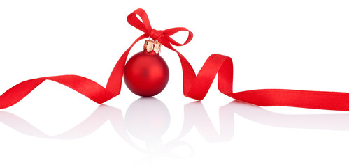 One Red Christmas ball with ribbon bow Isolated on white backgro