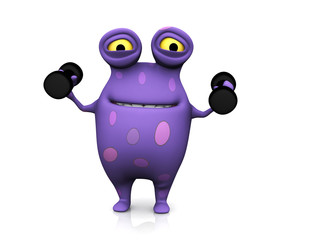 A spotted monster exercising with dumbbells.