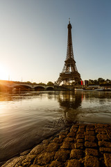 Eiffel Tower and Cobbled Embankment of Seine River at Sunrise, P