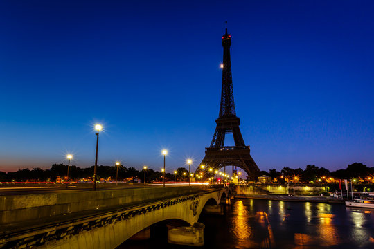 Eiffel Tower and d'Iena Bridge at Dawn, Paris, France