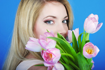 portrait beautiful girl with rose tulip