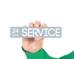 woman holding a label with 24h service