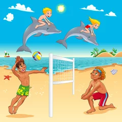 Fotobehang Funny summer scene with dolphins and beachvolley © ddraw