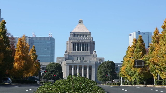 東京都心の紅葉　国会議事堂（パン）