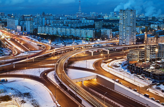 road junction in the streets of Moscow in winter night