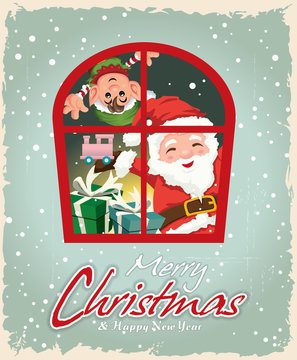 Vintage Christmas poster design with Santa Claus & ELF