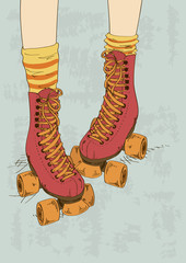 Illustration with girl's legs and retro roller skates