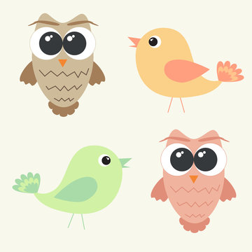 Set of adorable owls and cute birds