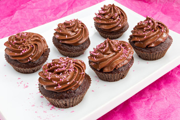 Chocolate cupcakes with pink coconut sprinkles