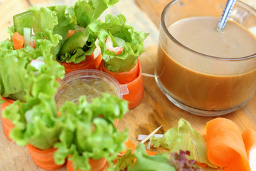 Salad vegetables - carrots, rolls to crab with coffee.